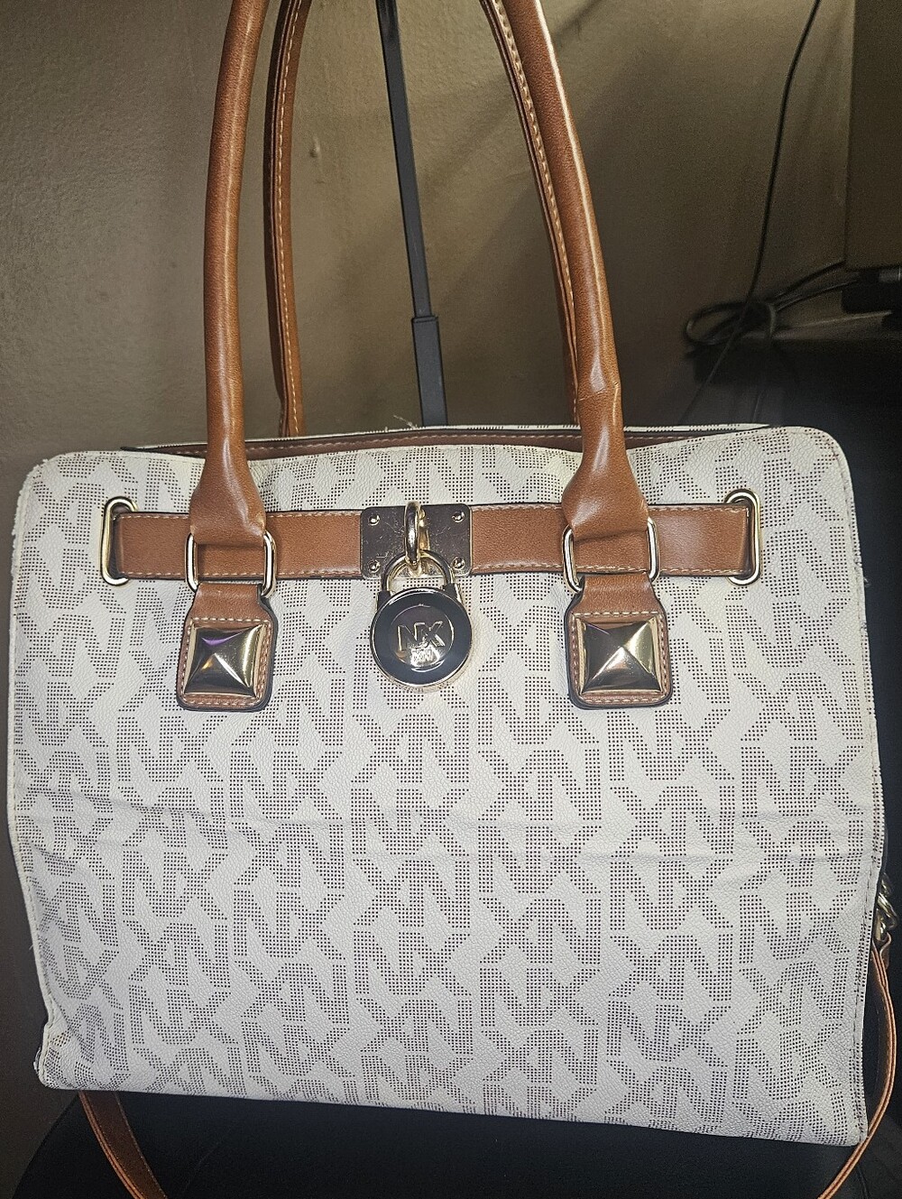 NX Noble Exchange Cream/Cognac Signature Padlock Monogram Logo Satchel